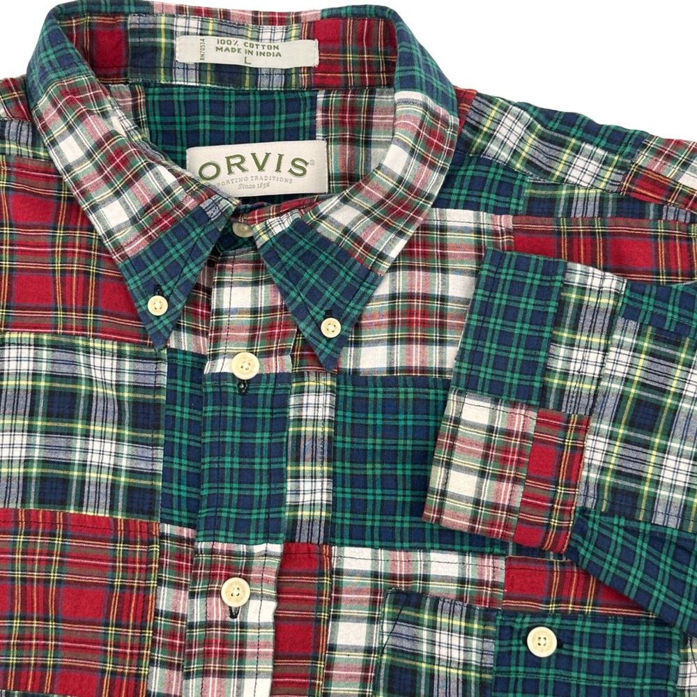 Orvis Mens Large Plaid Patchwork Long Sleeve Button Down Shirt Cotton